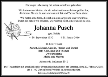 Traueranzeige von Johanna Pusch (geb. Halbig)  von Magdeburger Volksstimme