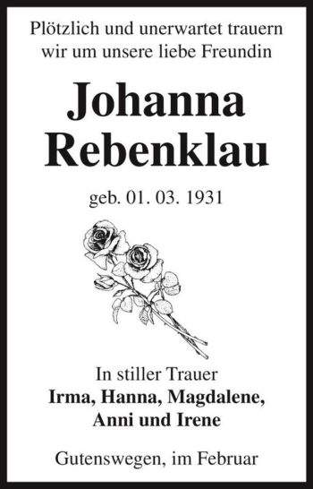 Traueranzeige von Johanna Rebenklau  von Magdeburger Volksstimme