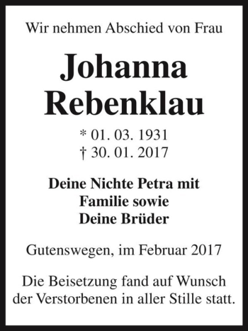 Traueranzeige von Johanna Rebenklau  von Magdeburger Volksstimme