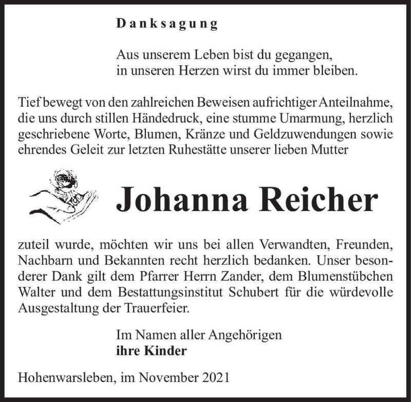  Traueranzeige für Johanna Reicher  vom 20.11.2021 aus Magdeburger Volksstimme