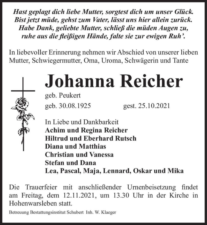  Traueranzeige für Johanna Reicher (geb. Peukert)  vom 06.11.2021 aus Magdeburger Volksstimme
