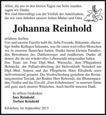Traueranzeige von Johanna Reinhold  von Magdeburger Volksstimme