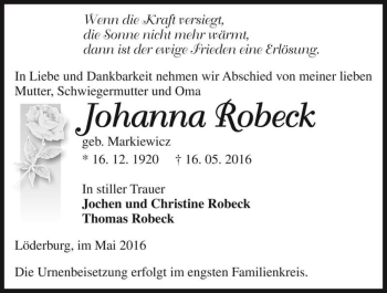 Traueranzeige von Johanna Robeck (geb. Markiewicz)  von Magdeburger Volksstimme