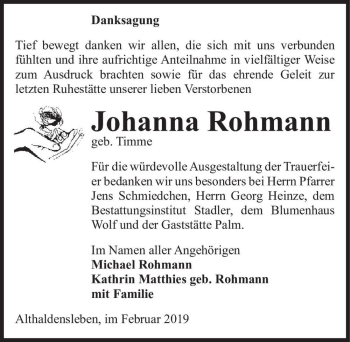 Traueranzeige von Johanna Rohmann (geb. Timme)  von Magdeburger Volksstimme