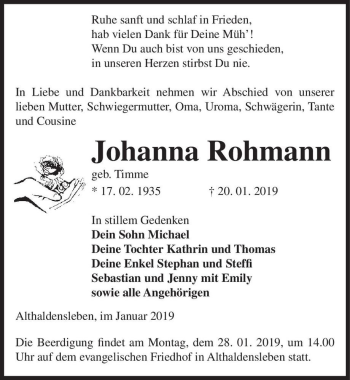 Traueranzeige von Johanna Rohmann (geb. Timme)  von Magdeburger Volksstimme
