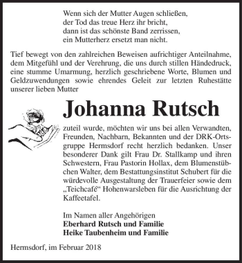 Traueranzeige von Johanna Rutsch  von Magdeburger Volksstimme