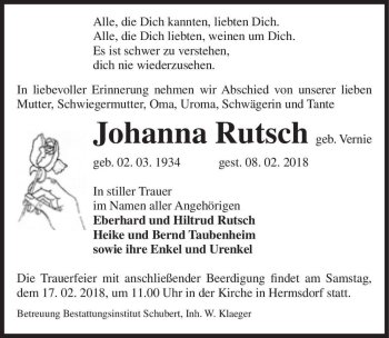 Traueranzeige von Johanna Rutsch (geb. Vernie)  von Magdeburger Volksstimme