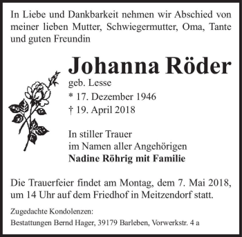 Traueranzeige von Johanna Röder (geb. Lesse)  von Magdeburger Volksstimme