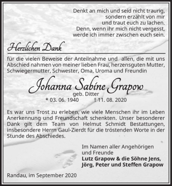 Traueranzeige von Johanna Sabine Grapow (geb. Ditter)  von Magdeburger Volksstimme