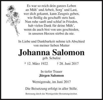 Traueranzeige von Johanna Salomon (geb. Schulze)  von Magdeburger Volksstimme