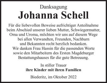 Traueranzeige von Johanna Schell  von Magdeburger Volksstimme