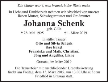 Traueranzeige von Johanna Schenk (geb. Gille)  von Magdeburger Volksstimme