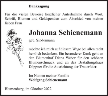 Traueranzeige von Johanna Schienemann (geb. Sindermann)  von Magdeburger Volksstimme