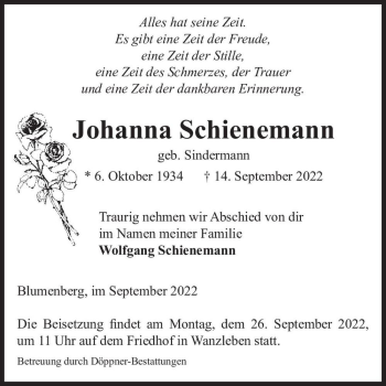 Traueranzeige von Johanna Schienemann (geb. Sindermann)  von Magdeburger Volksstimme