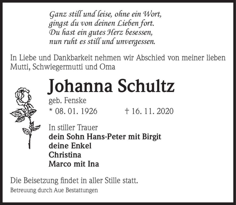  Traueranzeige für Johanna Schultz (geb. Fenske)  vom 21.11.2020 aus Magdeburger Volksstimme