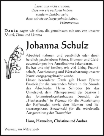 Traueranzeige von Johanna Schulz  von Magdeburger Volksstimme