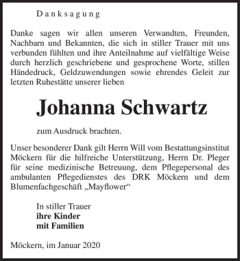 Traueranzeige von Johanna Schwartz  von Magdeburger Volksstimme
