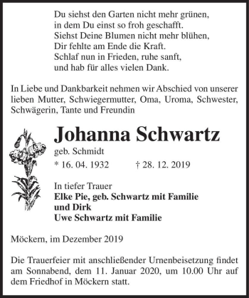Traueranzeige von Johanna Schwartz (geb. Schmidt)  von Magdeburger Volksstimme