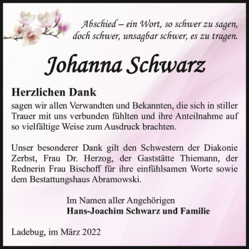 Traueranzeige von Johanna Schwarz  von Magdeburger Volksstimme