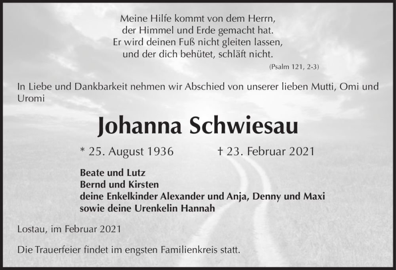  Traueranzeige für Johanna Schwiesau  vom 06.03.2021 aus Magdeburger Volksstimme