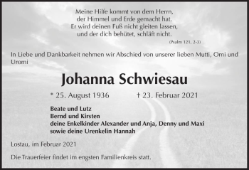 Traueranzeige von Johanna Schwiesau  von Magdeburger Volksstimme