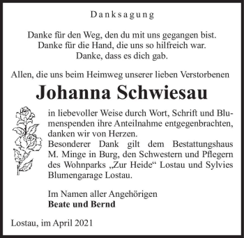 Traueranzeige von Johanna Schwiesau  von Magdeburger Volksstimme