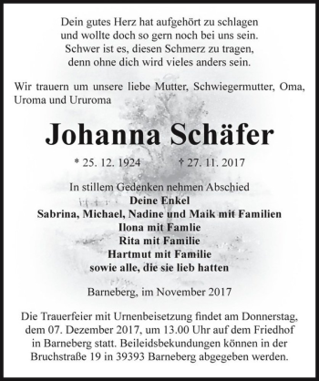 Traueranzeige von Johanna Schäfer  von Magdeburger Volksstimme