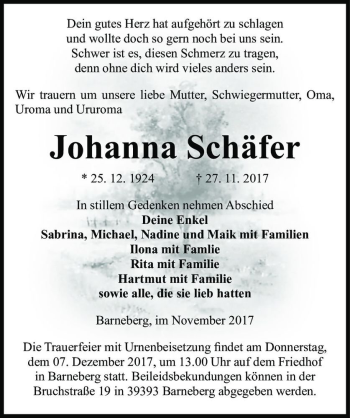 Traueranzeige von Johanna Schäfer  von Magdeburger Volksstimme