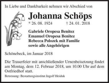 Traueranzeige von Johanna Schöps  von Magdeburger Volksstimme