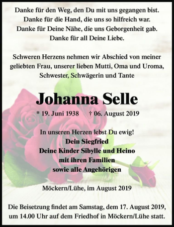 Traueranzeige von Johanna Selle  von Magdeburger Volksstimme