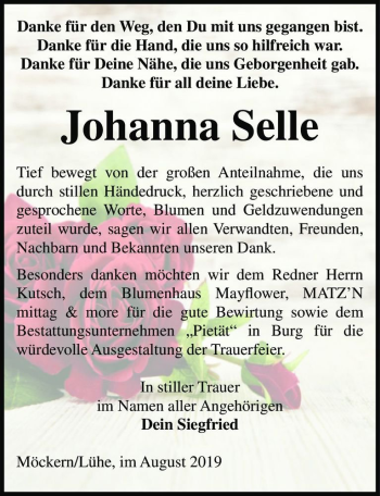 Traueranzeige von Johanna Selle  von Magdeburger Volksstimme