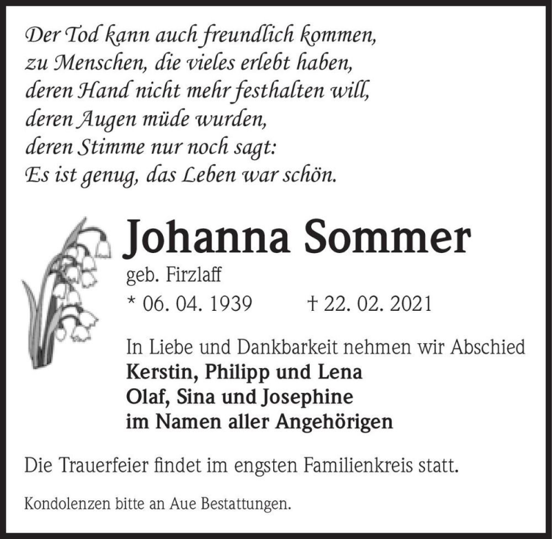 Traueranzeige für Johanna Sommer (geb. Firzlaff)  vom 27.02.2021 aus Magdeburger Volksstimme