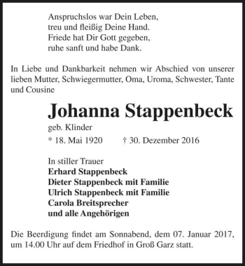 Traueranzeige von Johanna Stappenbeck (geb. Klinder)  von Magdeburger Volksstimme