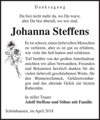 Traueranzeige von Johanna Steffens  von Magdeburger Volksstimme