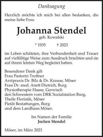 Traueranzeige von Johanna Stendel (geb. Kowalski)  von Magdeburger Volksstimme