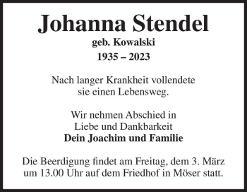 Traueranzeige von Johanna Stendel (geb. Kowalski)  von Magdeburger Volksstimme