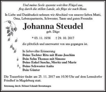 Traueranzeige von Johanna Steudel (geb. Däge)  von Magdeburger Volksstimme