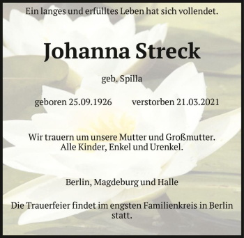 Traueranzeige von Johanna Streck (geb. Spilla)  von Magdeburger Volksstimme