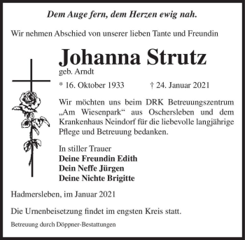 Traueranzeige von Johanna Strutz (geb. Arndt)  von Magdeburger Volksstimme