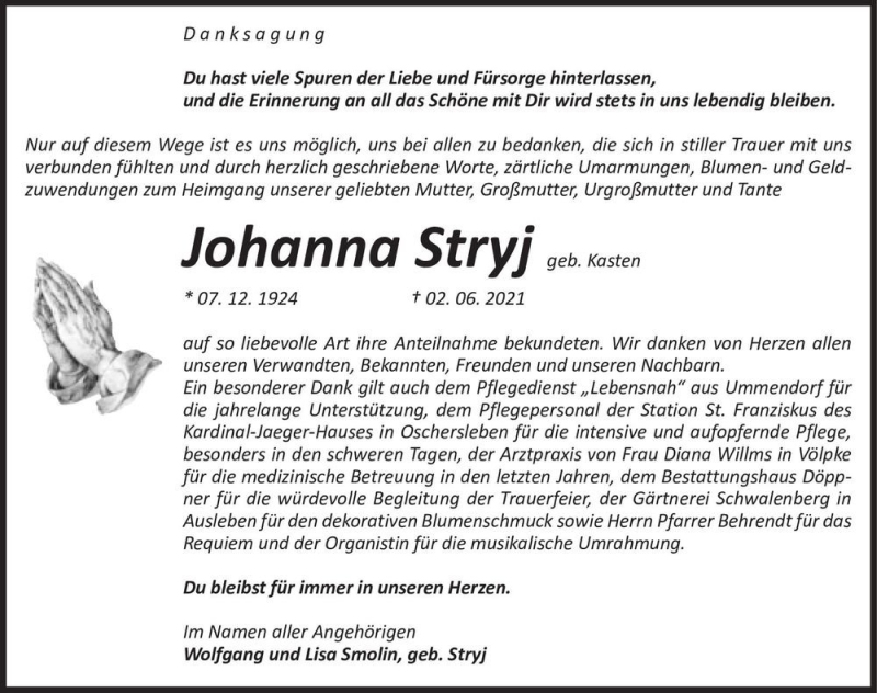  Traueranzeige für Johanna Stryj (geb. Kasten)  vom 19.06.2021 aus Magdeburger Volksstimme