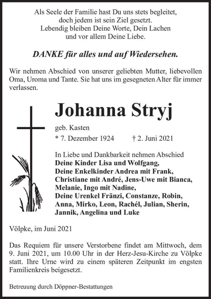  Traueranzeige für Johanna Stryj (geb. Kasten)  vom 05.06.2021 aus Magdeburger Volksstimme