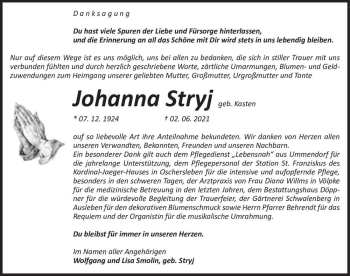 Traueranzeige von Johanna Stryj (geb. Kasten)  von Magdeburger Volksstimme