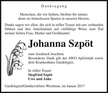 Traueranzeige von Johanna Szpöt  von Magdeburger Volksstimme