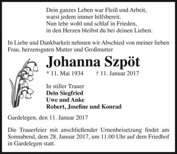 Traueranzeige von Johanna Szpöt  von Magdeburger Volksstimme