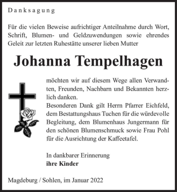 Traueranzeige von Johanna Tempelhagen  von Magdeburger Volksstimme