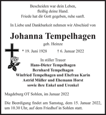 Traueranzeige von Johanna Tempelhagen (geb. Heinze)  von Magdeburger Volksstimme