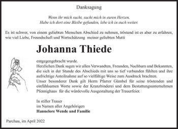 Traueranzeige von Johanna Thiede  von Magdeburger Volksstimme