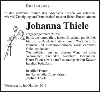 Traueranzeige von Johanna Thiele  von Magdeburger Volksstimme