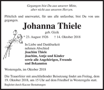 Traueranzeige von Johanna Thiele (geb. Gizik)  von Magdeburger Volksstimme
