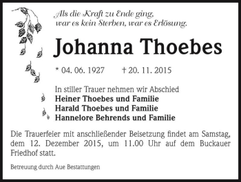 Traueranzeige von Johanna Thoebes  von Magdeburger Volksstimme